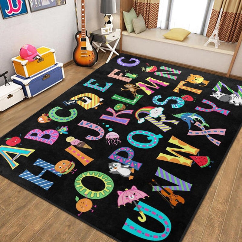 Engree ABC Alphabet Rug, Classroom Playmat Rugs - 5x7 Ft Kids Carpet with Rubber Backing, Colorful Cartoon Letters Kids Play Mat Nursery Rugs for Bedroom Playroom - Black - Image 1